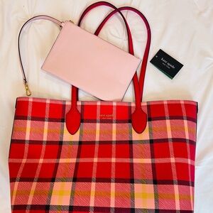 kate spade Red and Pink Plaid Tote with Light Pink Pouch